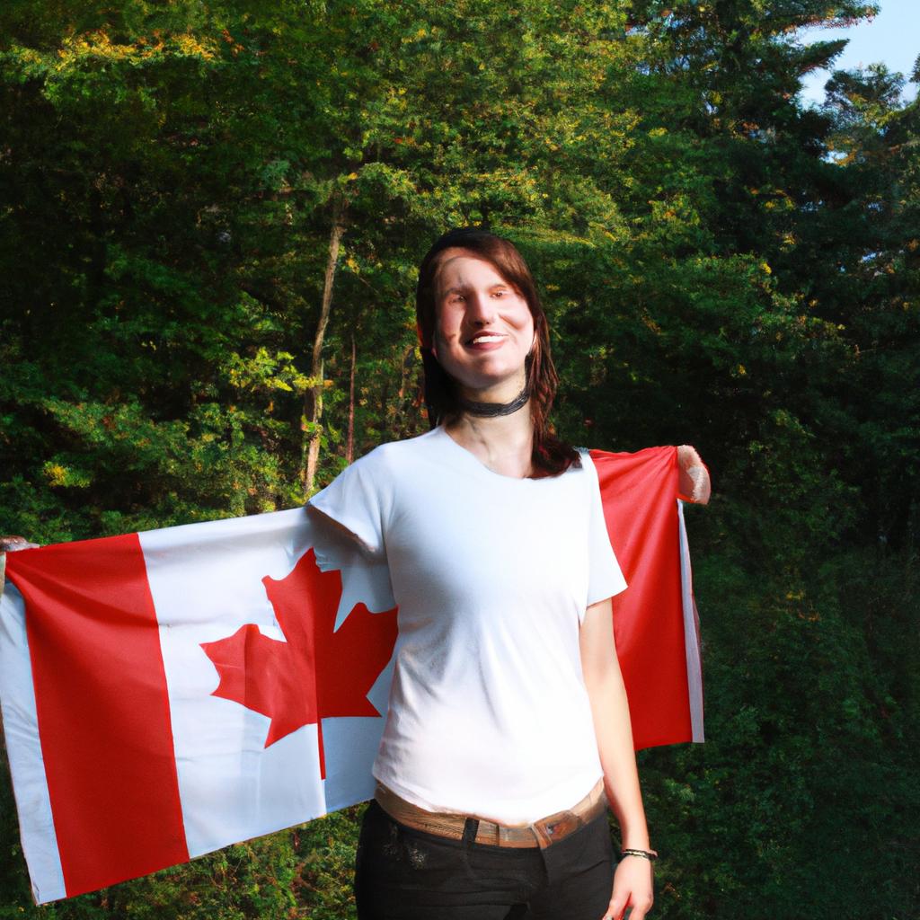 Person holding Canadian flag, smiling