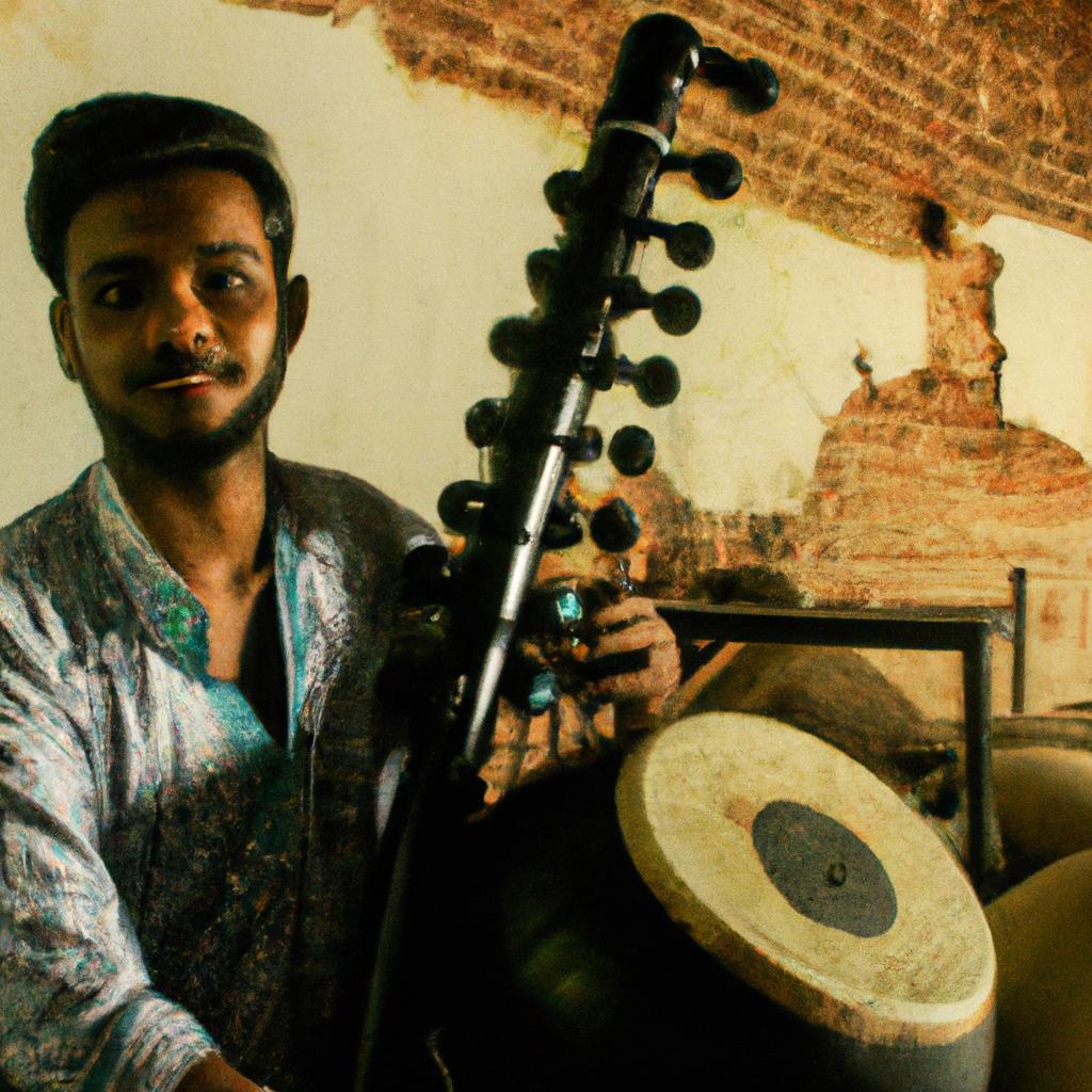Person playing musical instrument, smiling